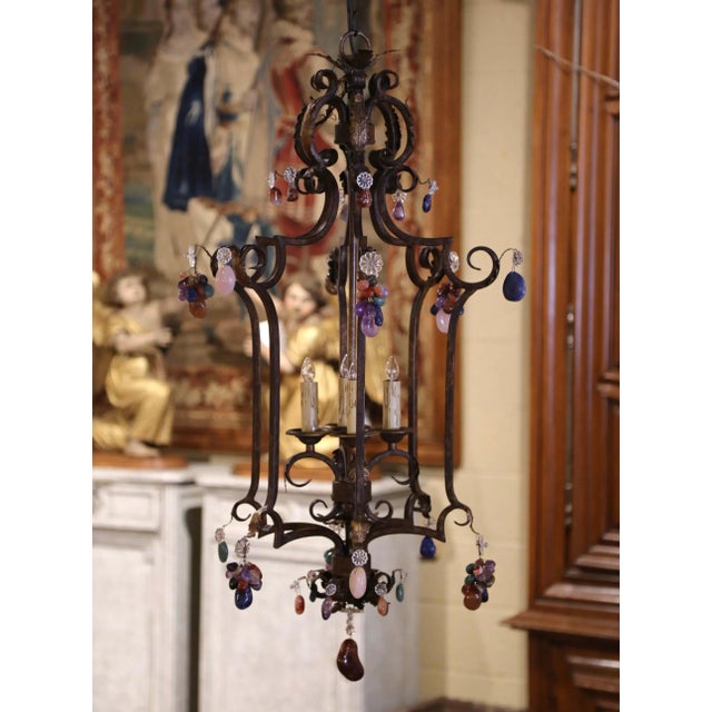 Mid-Century French Louis XV Style Iron and Crystal Four-Light Lantern For Sale - Image 9 of 9