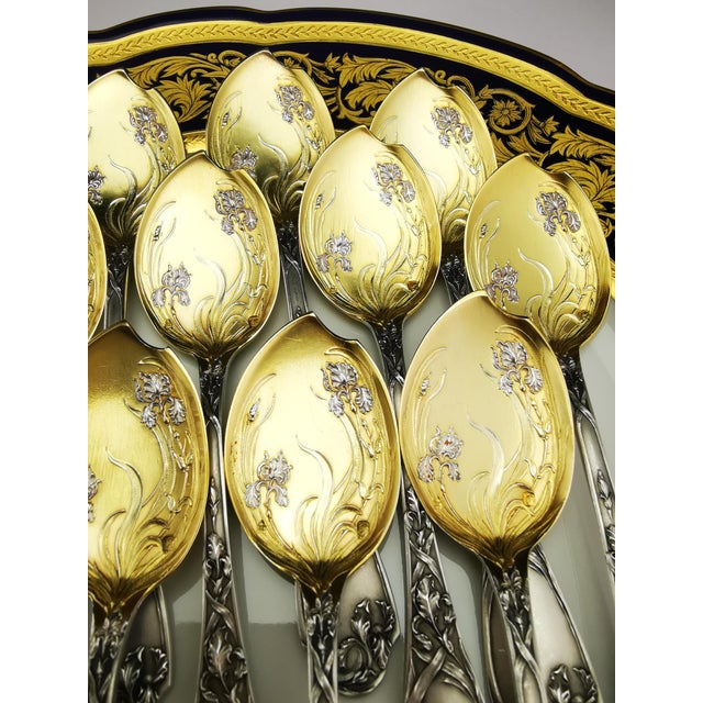 Rare and superb set of 12 ice cream scoops (15 cm) and 1 serving piece (26 cm) Puiforcat IRIS pattern Circa 1950 Silver,...