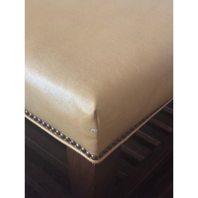 Lee Industries Large Leather Cocktail Ottoman in Apex Sand Tan Color Wood Slats Great Used Condition. On Casters For Sale - Image 10 of 11