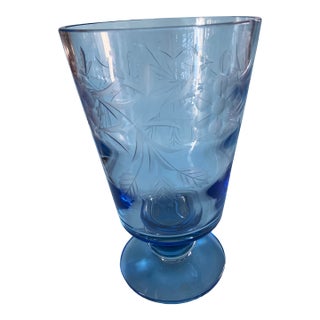 1930's American Engraved Cut Glass Cornflower Blue Pedestal Floral Vase For Sale