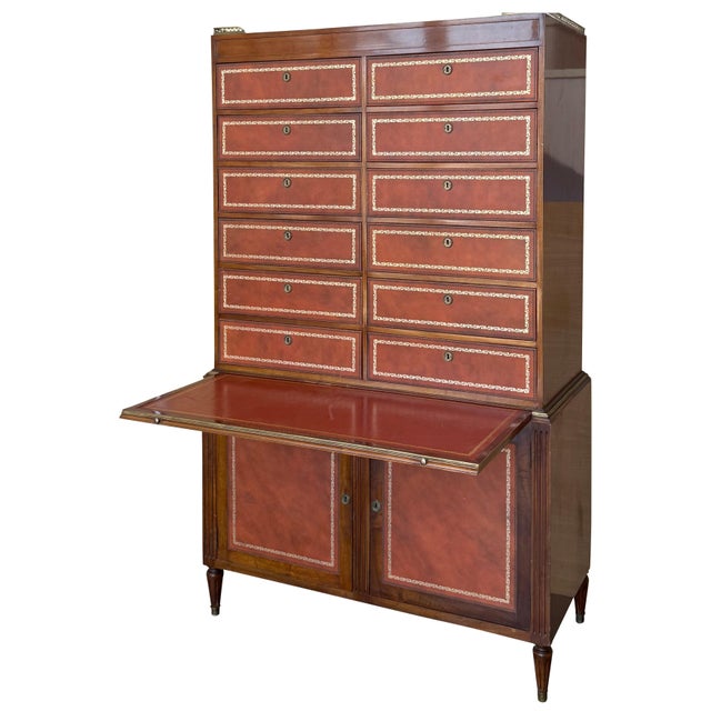 Early 20th Century Chippendale Style Orange Tooled Leather Commode Chest of Drawers, Desk For Sale - Image 15 of 18