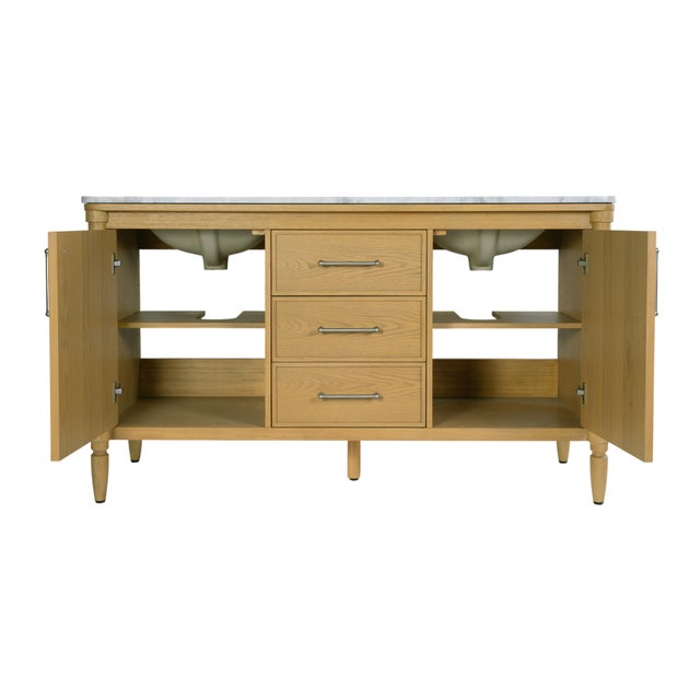 Wood Bianca 60 in. W Wood & Marble Double Sink Bathroom Vanity, Light Oak For Sale - Image 7 of 11