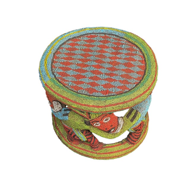 Large Nobility Beaded Wood Bamileke Throne /Table/ Stool Cameroon 21" D For Sale In New York - Image 6 of 9