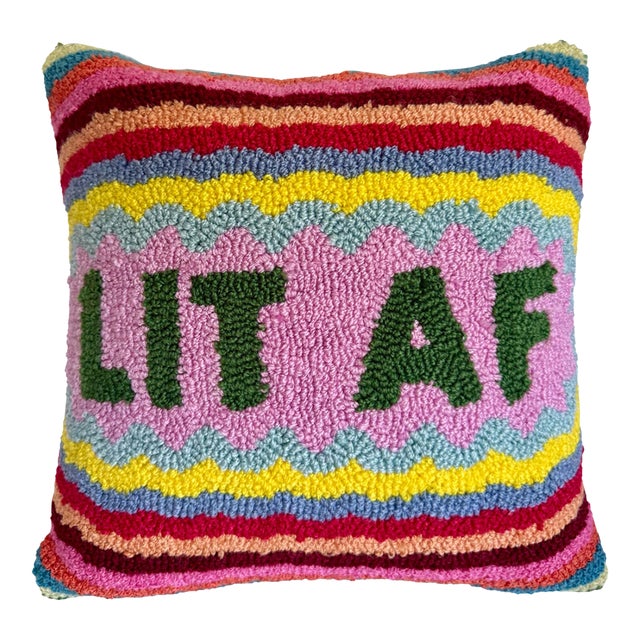 Furbish Studio “Lit Af” Hand-Hooked Decorative Pillow For Sale