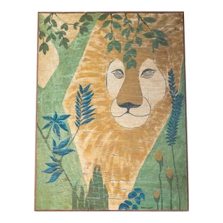 Mid-Century Modern Painting of a Lion on Masonite, Signed Caywood For Sale