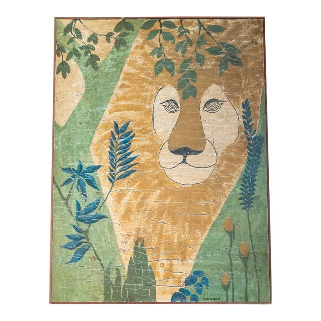 Mid-Century Modern Painting of a Lion on Masonite, Signed Caywood For Sale