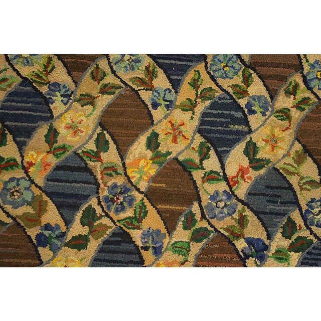 1930s Brown Diamond Floral Antique American Hooked Rug 3' 6" X 6' 4" Handknotted Wool Carpet For Sale - Image 4 of 6