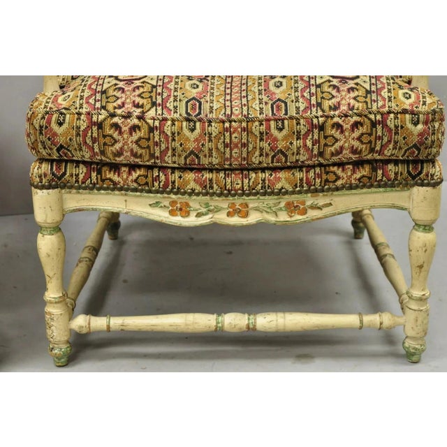 Mid 20th Century Vintage French Country Cream Distress Painted Lounge Arm Chairs & Ottoman - 3 Pieces For Sale - Image 11 of 12