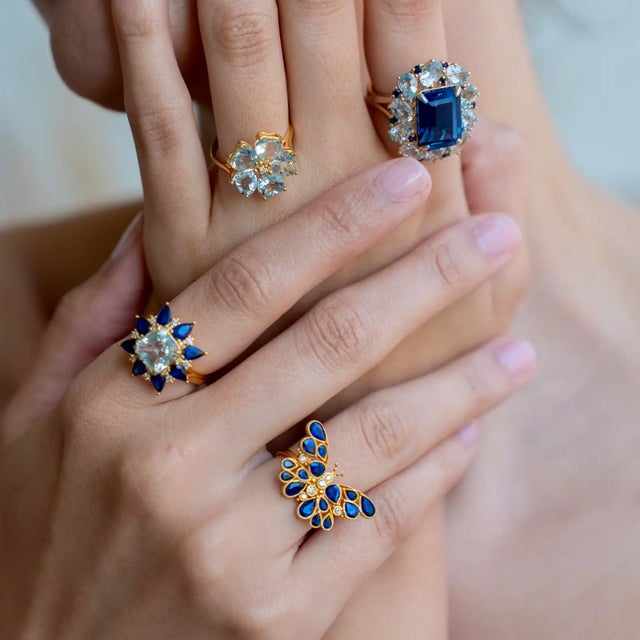 Nina Zhou Margeret Aquamarine Sapphire Diamond Cocktail Ring in 14k Yellow Gold, size 4.5 For Sale - Image 9 of 9