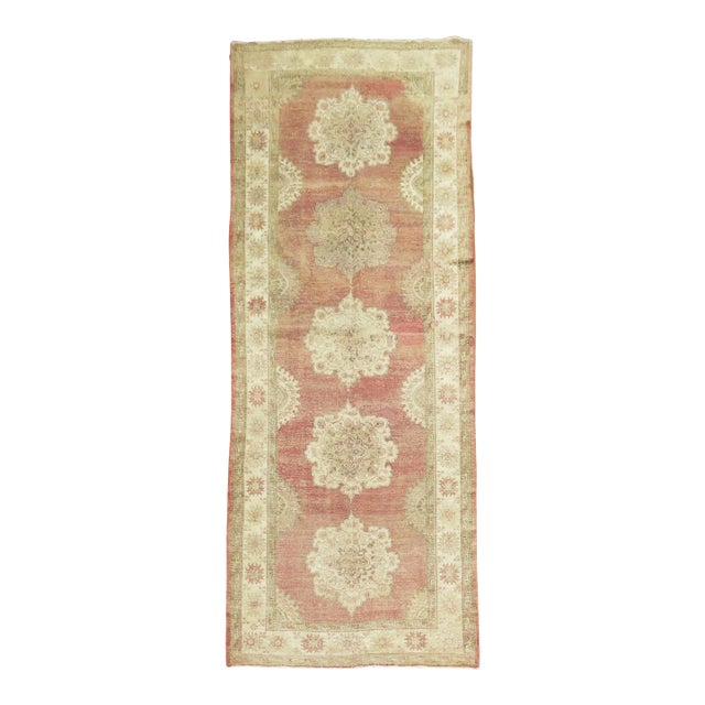 Vintage Soft Red Turkish Oushak Gallery Size Rug - 5' x 13'1" For Sale