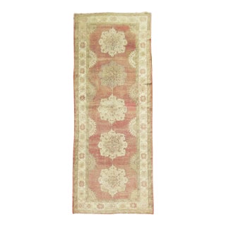 Vintage Soft Red Turkish Oushak Gallery Size Rug For Sale