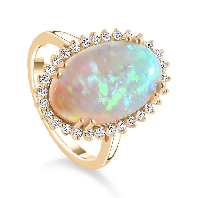 Alabaster Fire Opal Cocktail Halo Diamond Ring in 14k Gold Ring Size 6 For Sale - Image 8 of 12