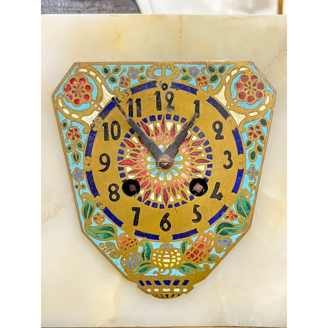 Late 19th Century French Art Deco Champleve Enameled Bronze and Onyx Mantel Clock and Obelisks Set - 3 Pieces For Sale - Image 4 of 8