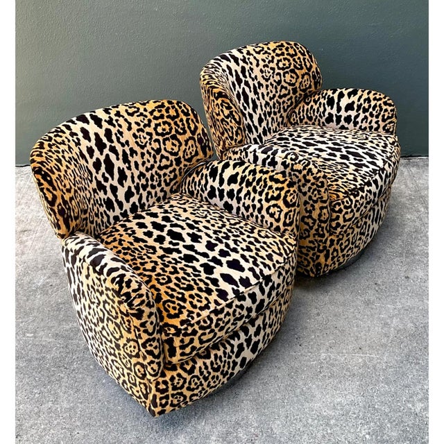 Wood Vintage Leopard Print Velvet Swivel Chairs - A Pair For Sale - Image 7 of 12