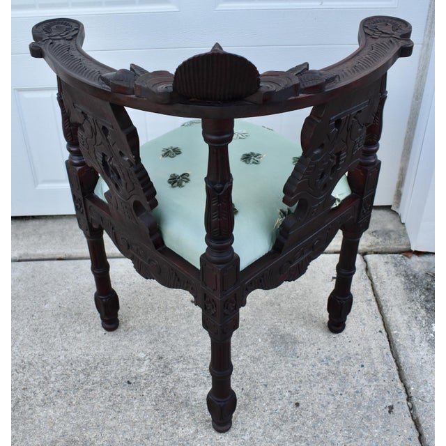 Carved Mahogany Corner Chair Vintage Renaissance Style Figural Face Upholstered For Sale - Image 13 of 17