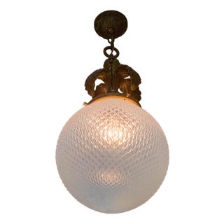 Vintage Bronze Ceiling Fixture W/ Etched Opal Crystal Glass Globe For Sale