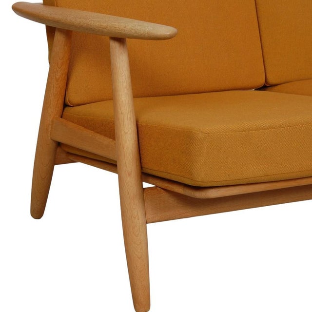Yellow Three-Seater Cigar Sofa in Oak and Yellow Fabric by Hans Wegner, 1960s For Sale - Image 8 of 18