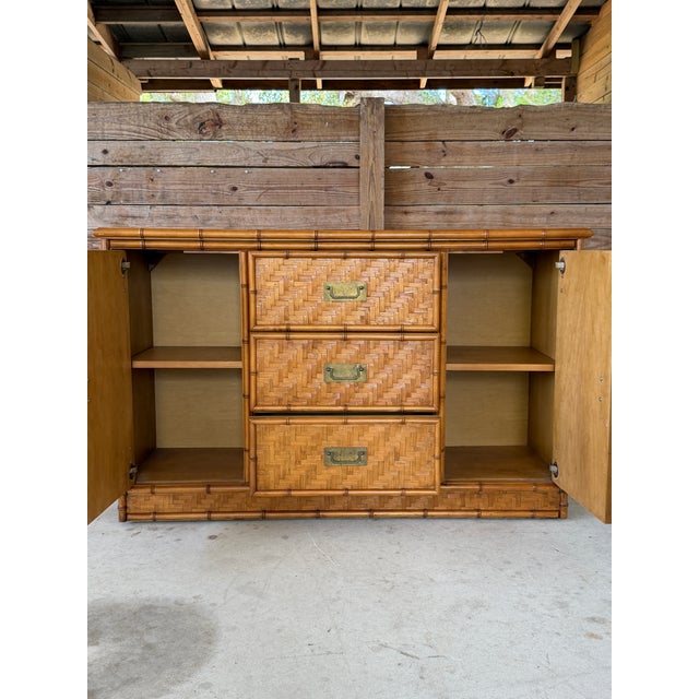Vintage Boho Coastal Dixie Campaign Style Faux Bamboo Sideboard With Herringbone Panels For Sale - Image 10 of 12
