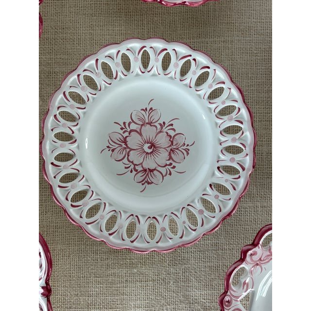 Vintage Hand Painted Pink & White Wall Plate Set by Vestal Alcobaca Portugal For Sale - Image 4 of 11