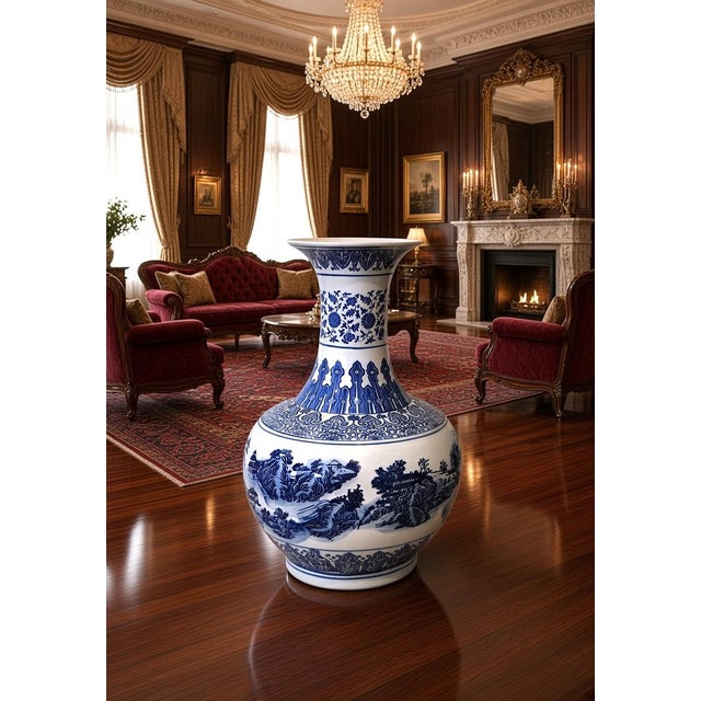 1930s Large Blue White Globular Vase Landscape Pavilions Apocryphal Six-Character Mark For Sale - Image 4 of 14