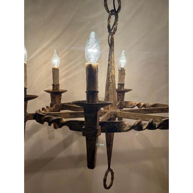 Arts and Crafts Golden Hand-Forged Six-Light Iron Chandelier, Germany, 1920s For Sale - Image 6 of 18