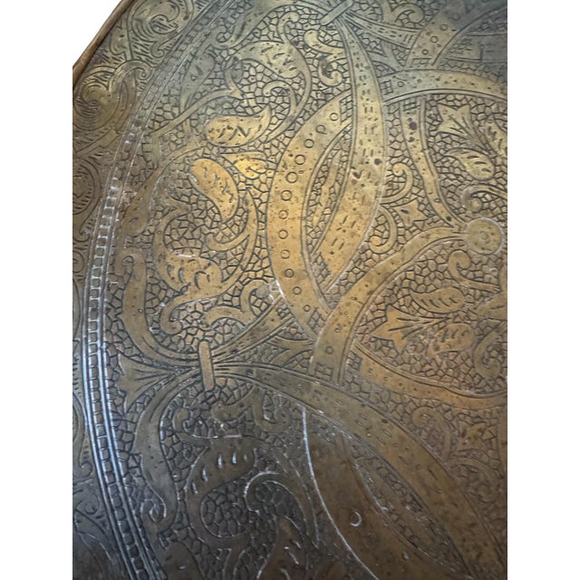 Moroccan Engraved Brass Tray on Adjustable Wooden Stand. For Sale - Image 4 of 9