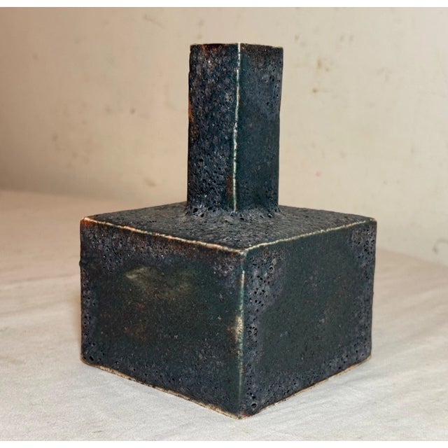 Green Vintage Original Signed Handmade Brutalist Squared Green Pottery Ceramic Vase For Sale - Image 8 of 11
