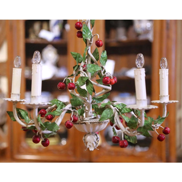 French Early 20th Century French Tole Chandelier With Painted Metal Cherries and Leaves For Sale - Image 3 of 9