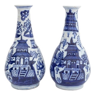 Chinese Blue and White Bottle Vases, Pair For Sale