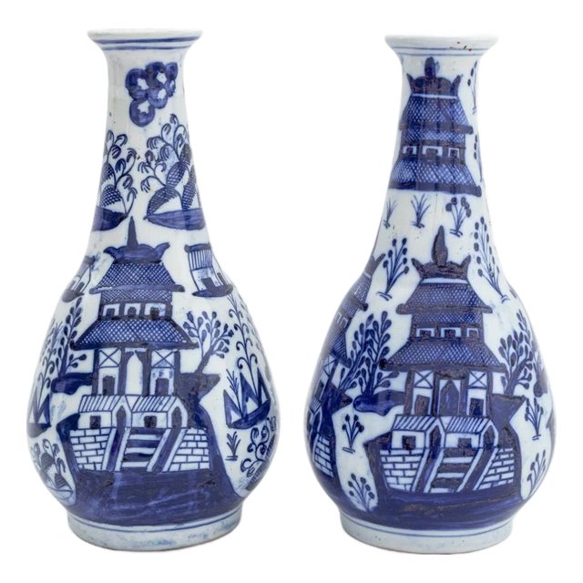 Chinese Blue and White Bottle Vases, Pair For Sale
