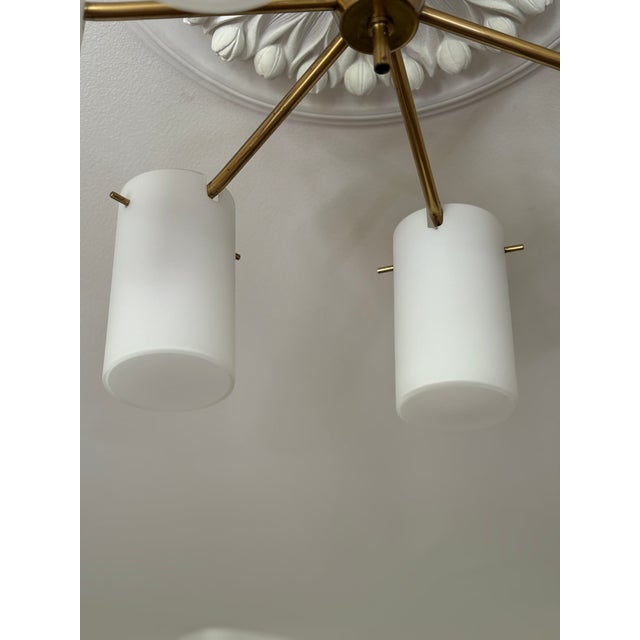 Mid-Century Modern Swedish Semi Flush Mount Chandelier in Brass and Opaline Glass by Gert Nystrom for Fagerhult and Orrefors, 1960 For Sale - Image 4 of 11