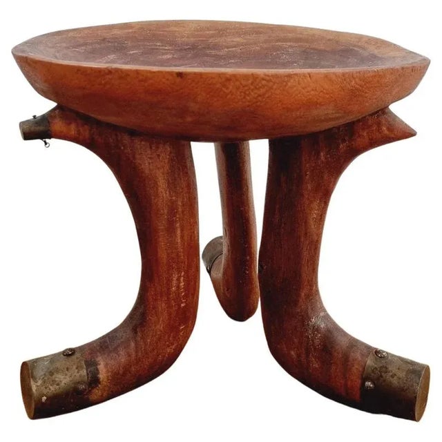 Brown Tribal Stool with Brass Details, 1950s For Sale - Image 8 of 8