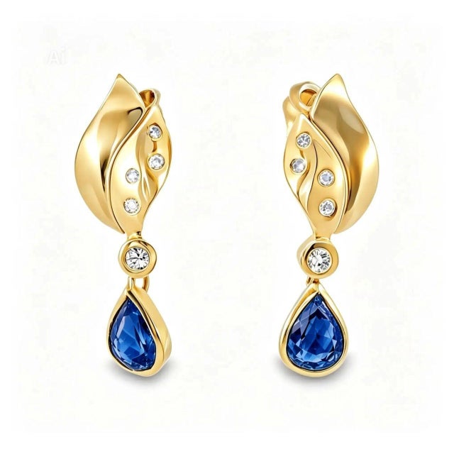 Mid 20th Century 14k Yellow Gold Diamond Sapphire Tear Drop Pear Dangle Earrings, Pair For Sale - Image 4 of 4