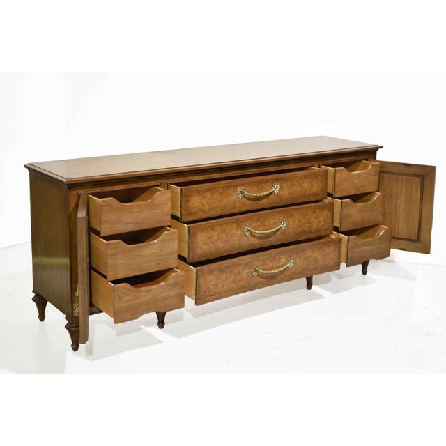 Mid Century French Provincial-Style Burlwood Lowboy Dresser by Hellam Furniture Company Pennsylvania For Sale - Image 12 of 17