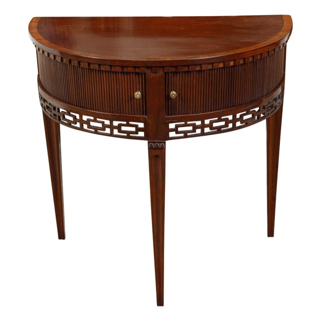 English Mahogany 19th Century Demi-Lune Console Table with Tambour Sliding Doors For Sale
