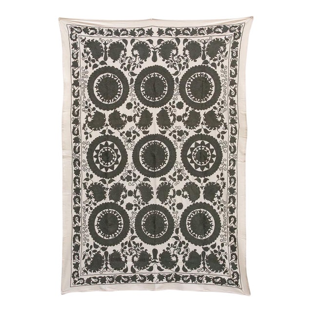 Stone Medallion Hand-Embroidered Suzani Throw For Sale