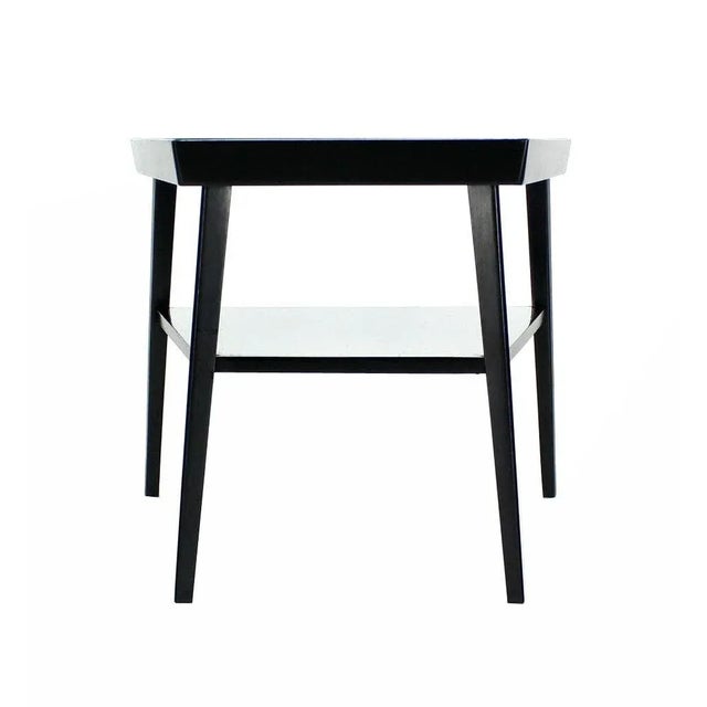 Pair of Black Lacquer Trapezoid Shape Two Tier End Side Tables Stands For Sale - Image 9 of 11