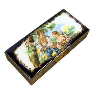 Antique 19th Century French-Style Gilt Brass and Hand-Painted Enamel Courting Scene Box For Sale