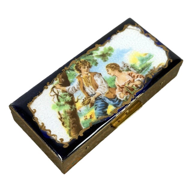 Antique 19th Century French-Style Gilt Brass and Hand-Painted Enamel Courting Scene Box For Sale