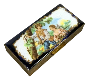 Antique 19th Century French-Style Gilt Brass and Hand-Painted Enamel Courting Scene Box