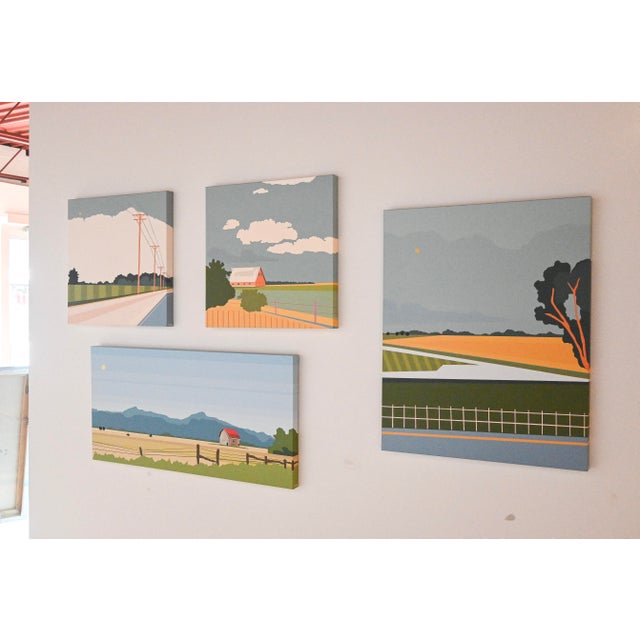 Clean line landscape featuring bold color blocking and a calming palette.