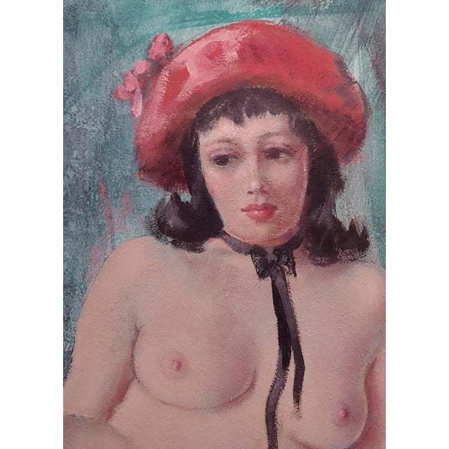 1960s Mancini 1960s Nude Brunette Wearing a Red Hat -Oil Painting For Sale - Image 5 of 9