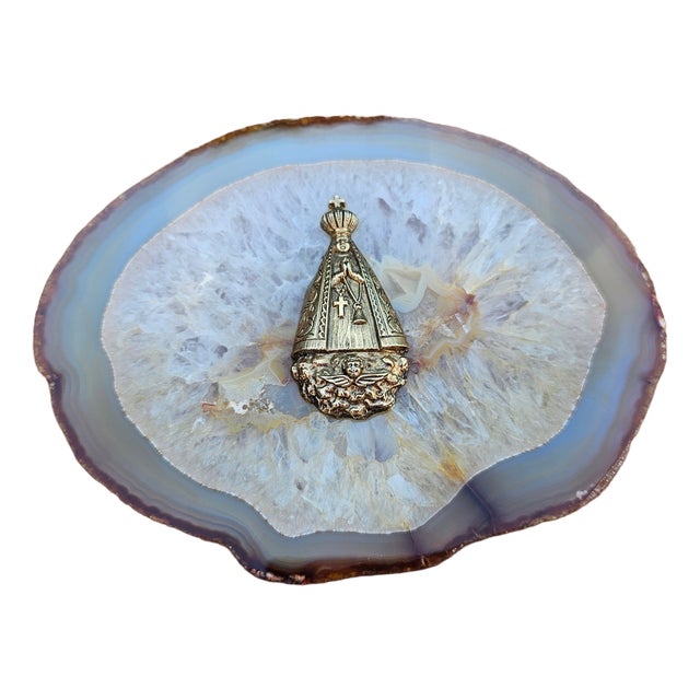Brass Figurine of Our Lady of Aparecida on Agate Base, 1950s For Sale