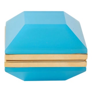Antique French Turquoise Beveled Square Opaline Box, Early 20th C. For Sale