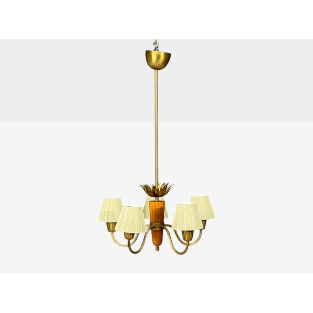 Asea, Swedish Modern, Chandelier, Brass, Elm, Fabric, Sweden, 1947 For Sale - Image 4 of 14