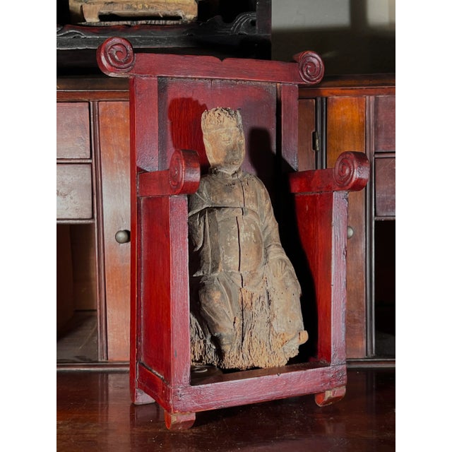 An interesting early 19th century carved Immortal Deity small figurine with red throne chair . 19th century antique carved...
