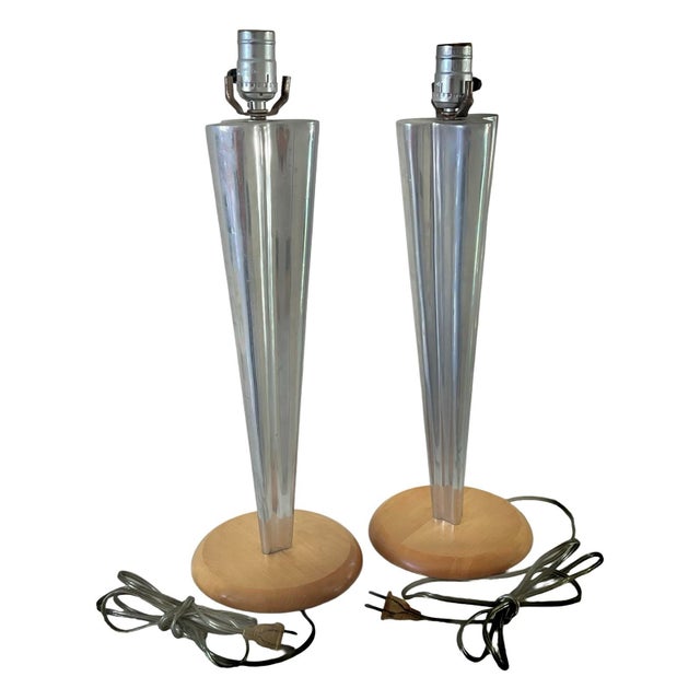 Wood Vintage 1960s Mid-Century Modern Lamps, Tapered Aluminum Table Lamps in the Style of Paavo Tynell, Tapio Wirkkala, or Nambe, a Pair For Sale - Image 7 of 12