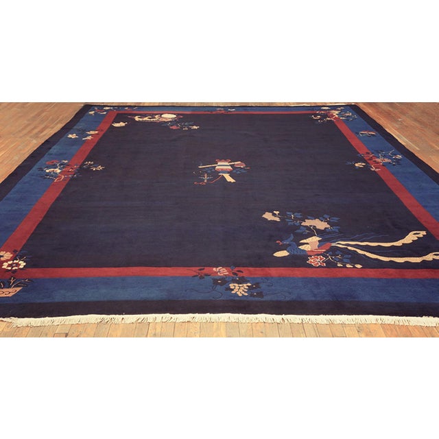 1930s Dark Blue Floral Antique Peking Rug 11' X 15' Handknotted Wool Carpet For Sale - Image 9 of 10