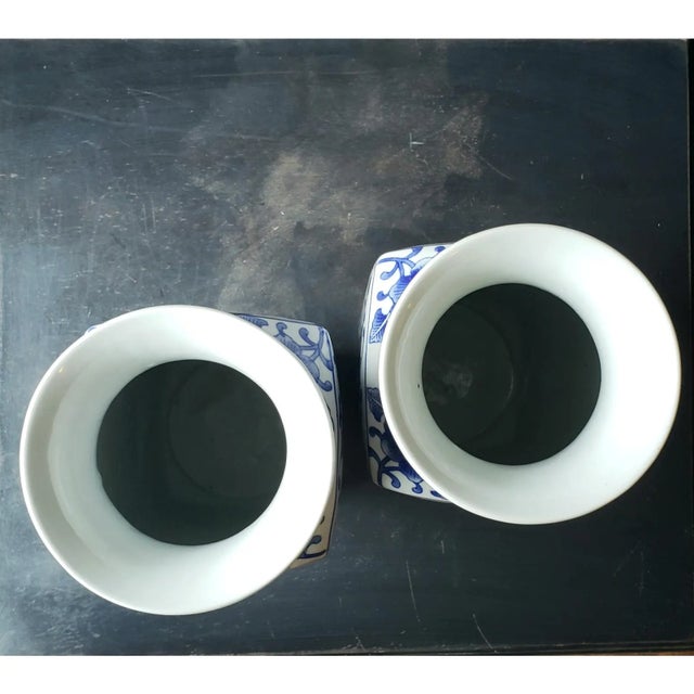 Chinoiserie Pair of Large 17.5" Vintage Blue & White Peony Chinoiserie Vases For Sale - Image 3 of 5