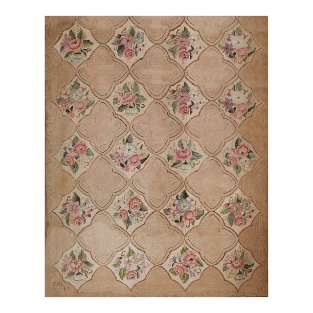1960s Tan Camel Floral Folk Art Vintage American Hooked Rug 5'3" X 6'7" Handknotted Wool Carpet For Sale